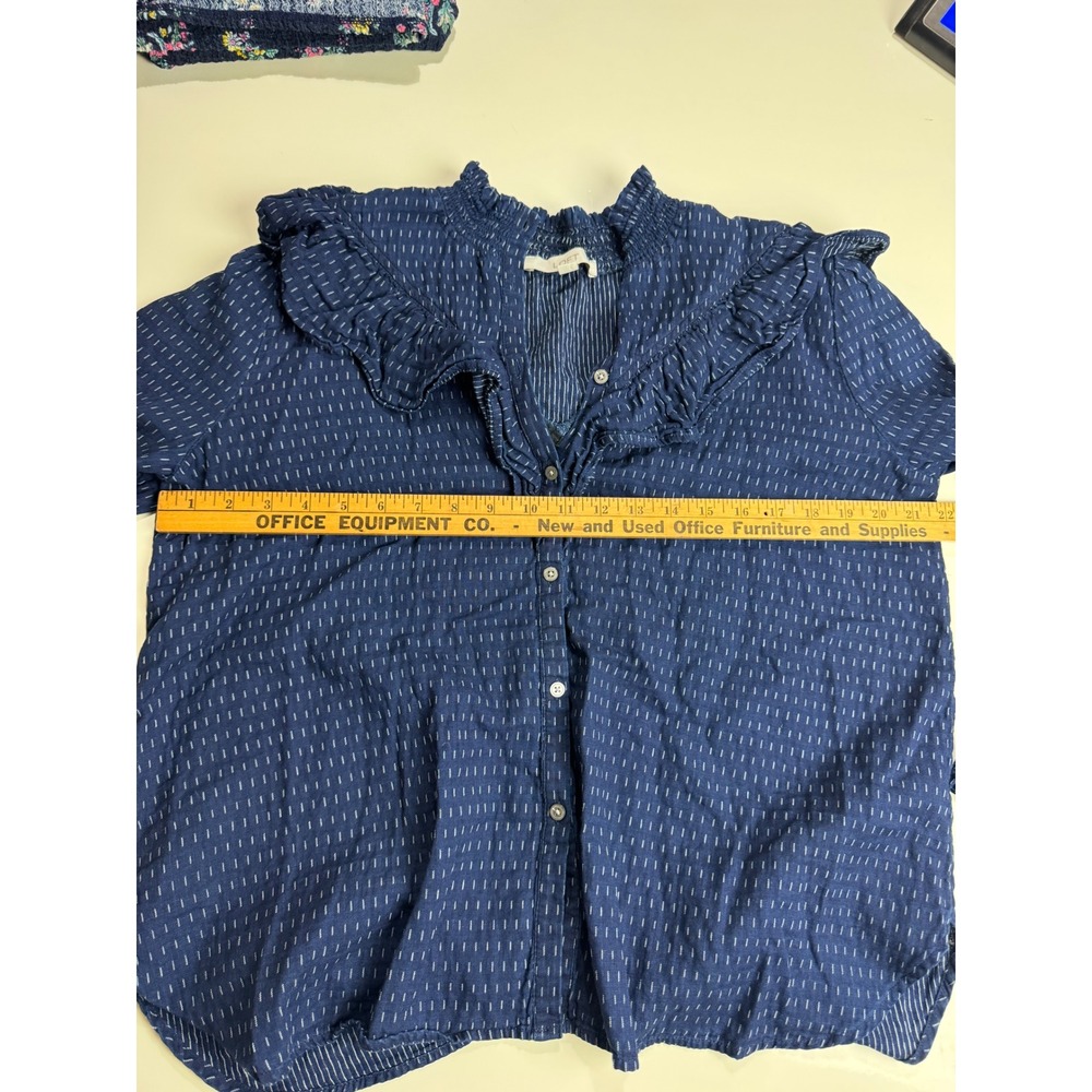 LOFT Womens Blouse Bundle Blue Floral Puff Sleeve & Striped Ruffle Button Down L - Picture 5 of 8
